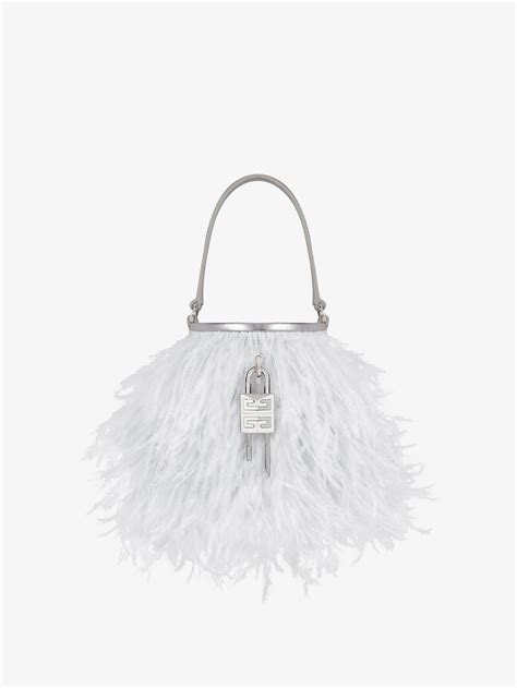 Micro Shark Lock bucket bag in satin with feathers 